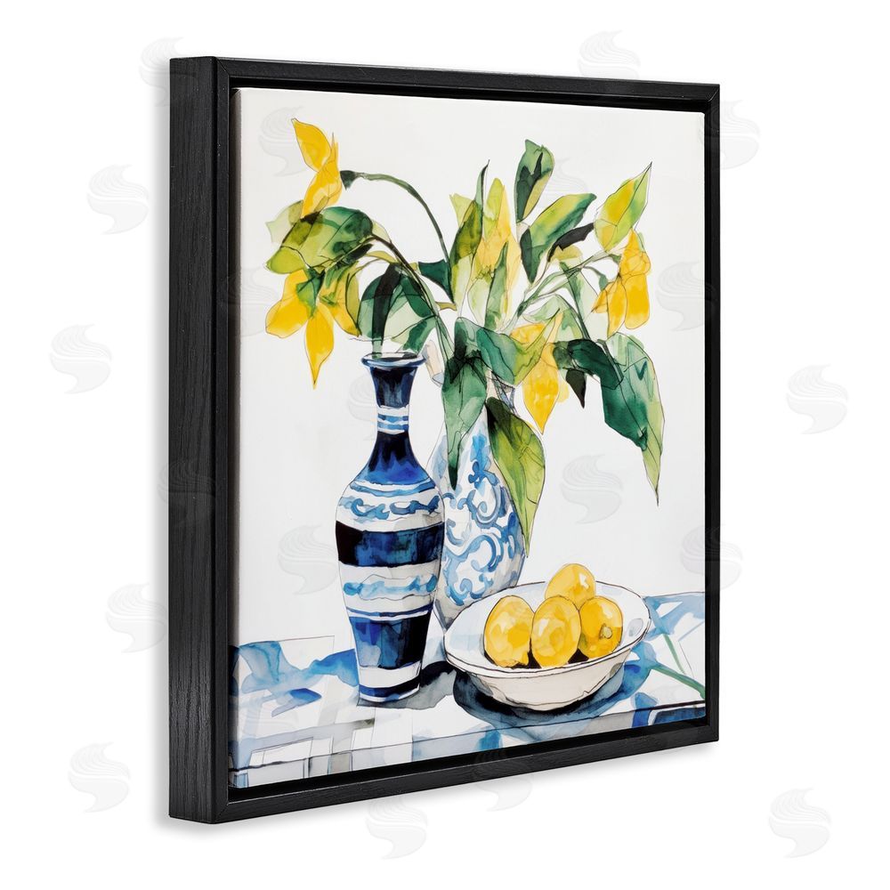 Ray Powers Lemons & Leaves Table Setting Black Floating Frame Canvas Wall Art