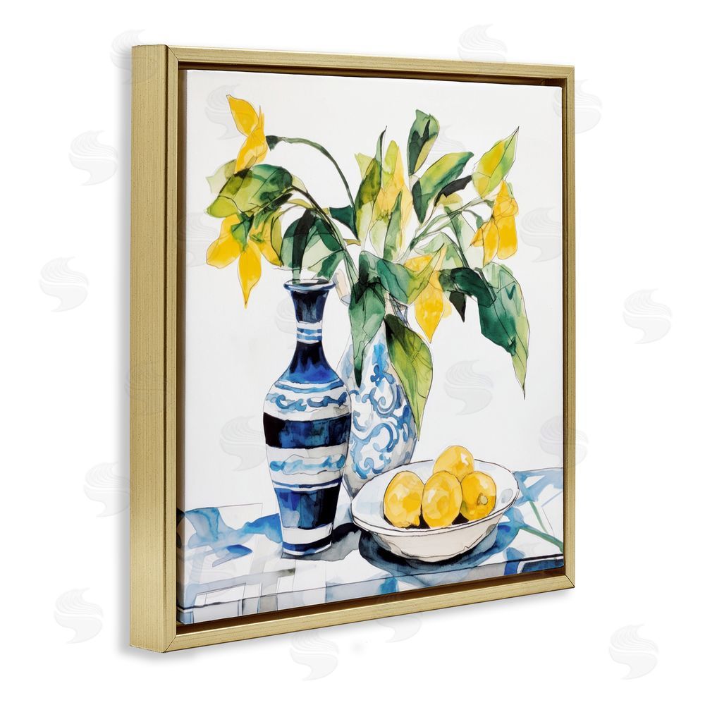 Ray Powers Lemons & Leaves Table Setting Gold Floating Frame Canvas Wall Art