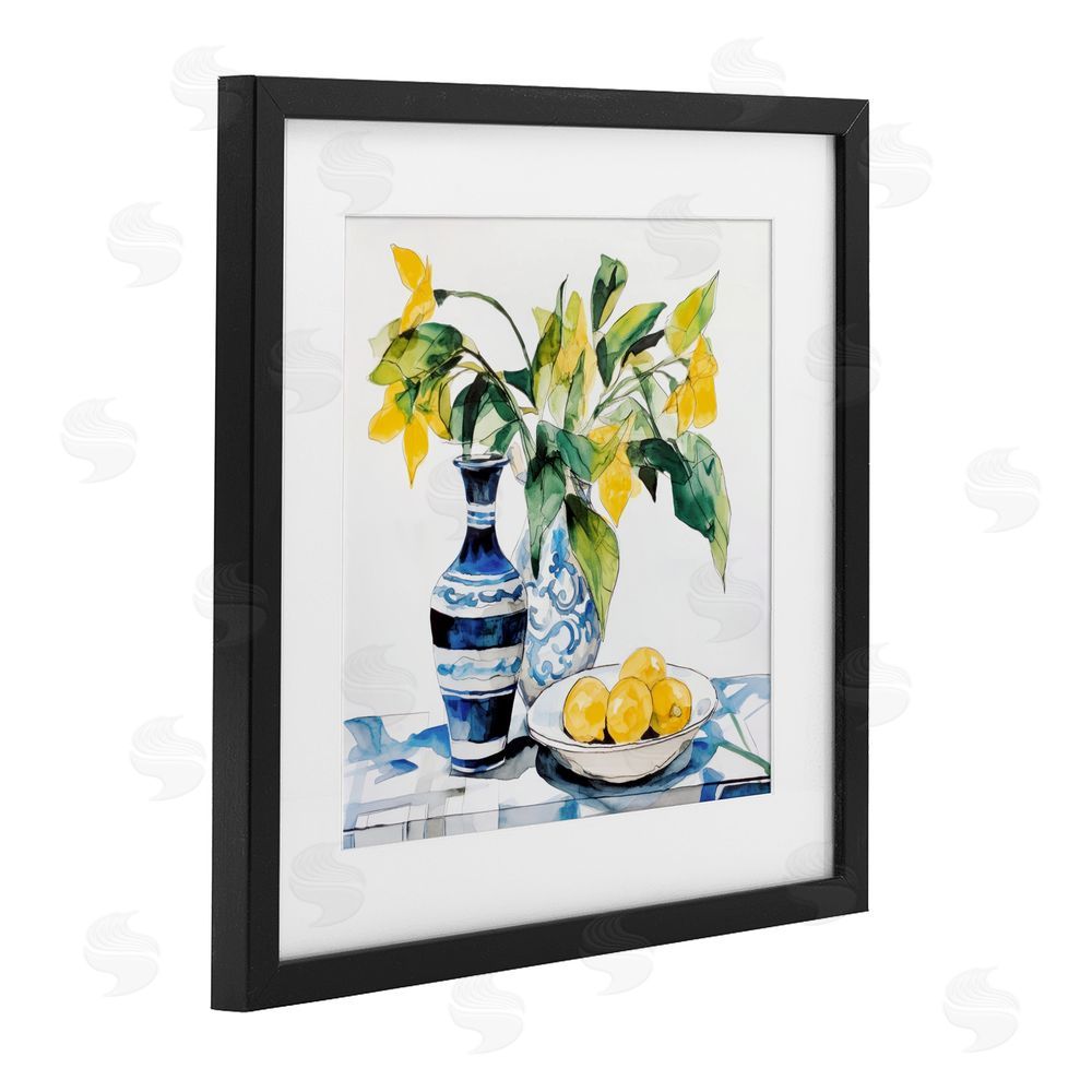 Ray Powers Lemons & Leaves Table Setting Black Framed Print Under Glass with Mat Wall Art