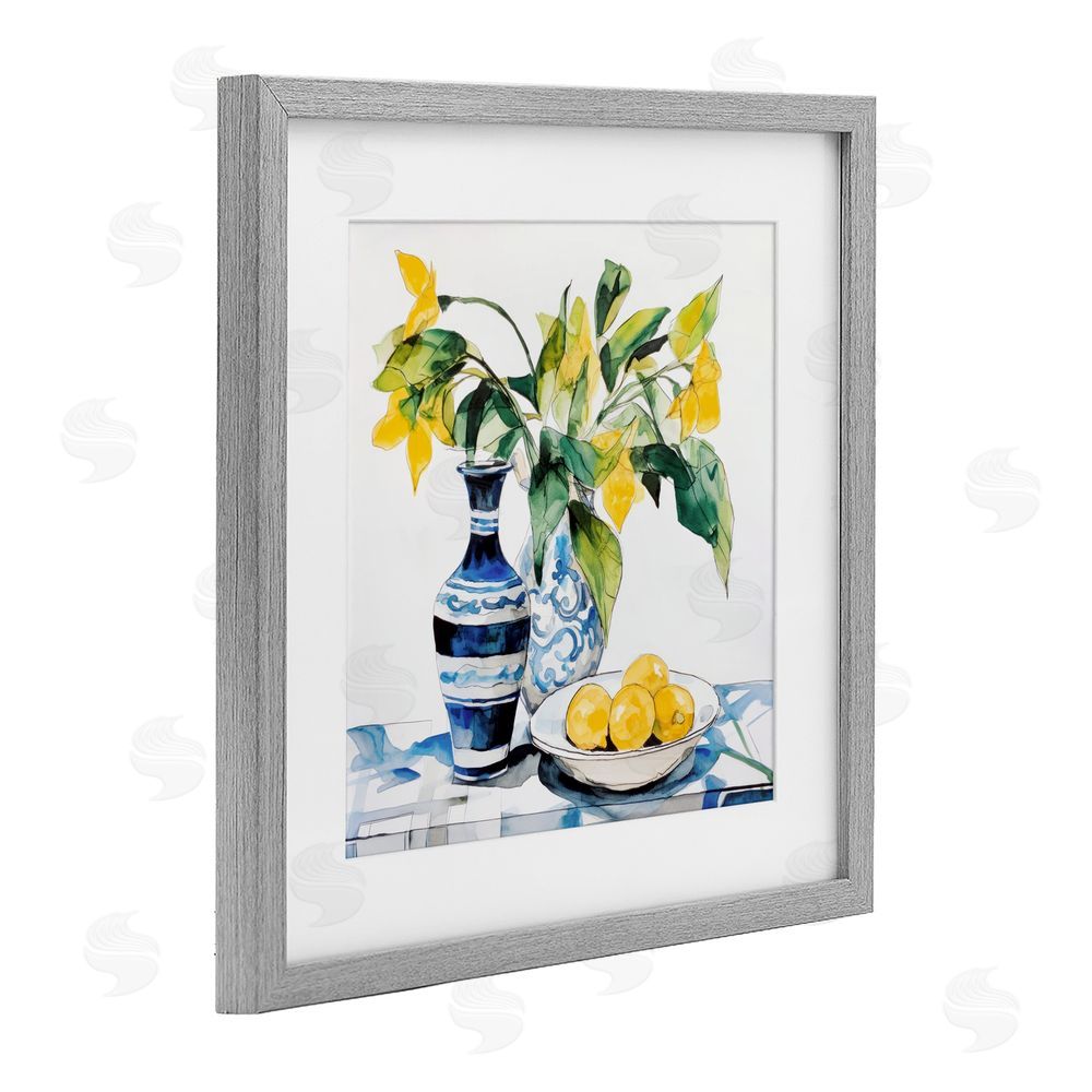 Ray Powers Lemons & Leaves Table Setting Gray Framed Print Under Glass with Mat Wall Art