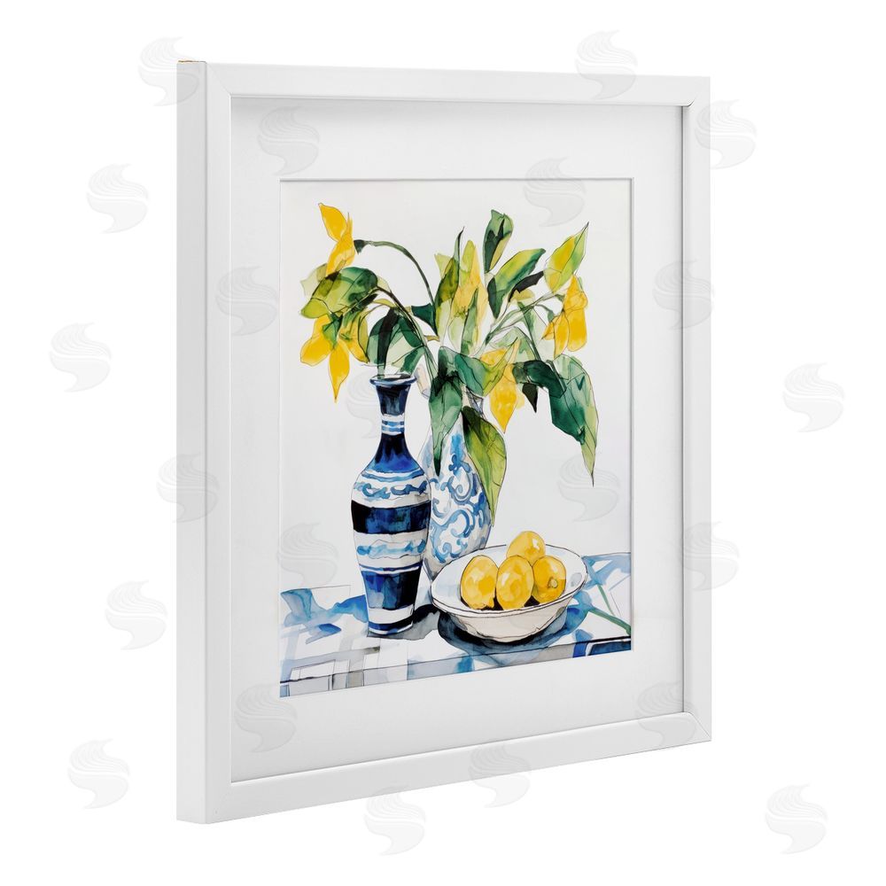 Ray Powers Lemons & Leaves Table Setting White Framed Print Under Glass with Mat Wall Art