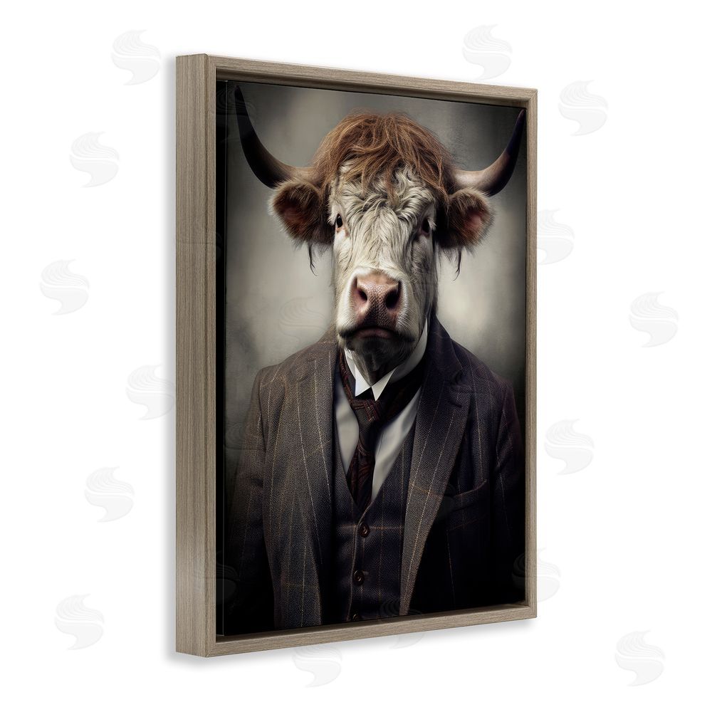 Ray Powers Sophisticated Bull Portrait Brown Floating Frame Canvas Wall Art Print