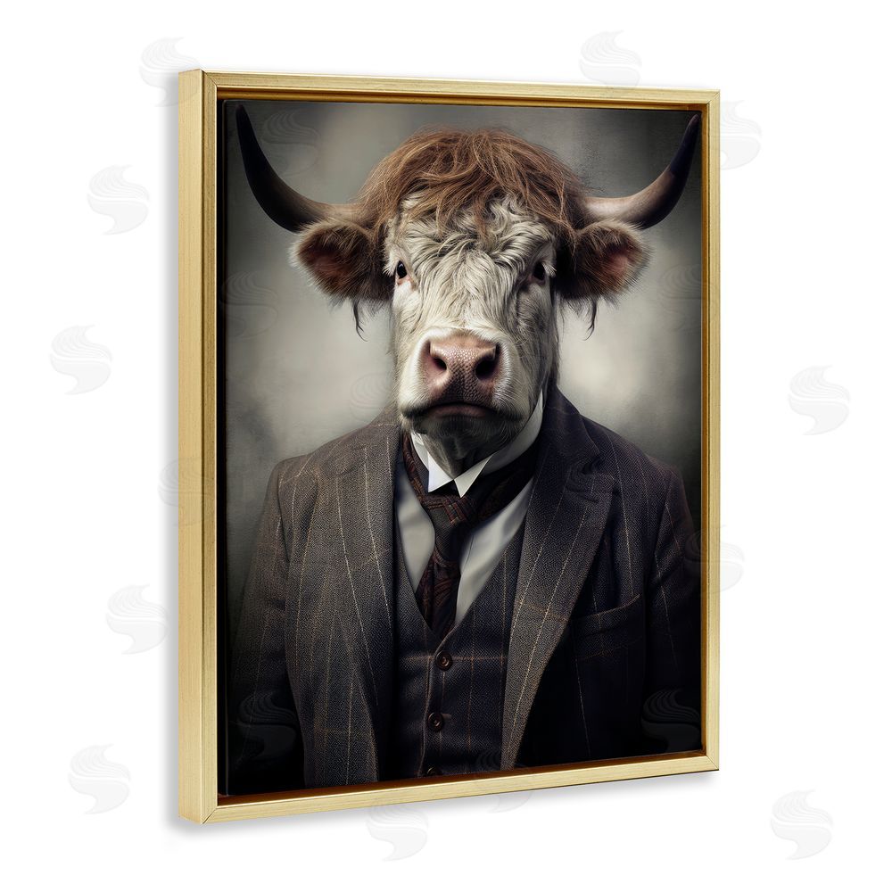 Ray Powers Sophisticated Bull Portrait Gold Floating Frame Canvas Wall Art Print