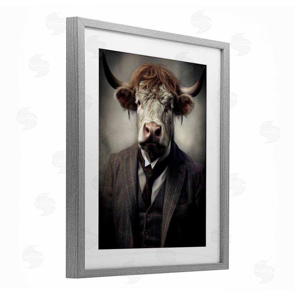 Ray Powers Sophisticated Bull Portrait Gray Framed Print Under Glass Wall Art