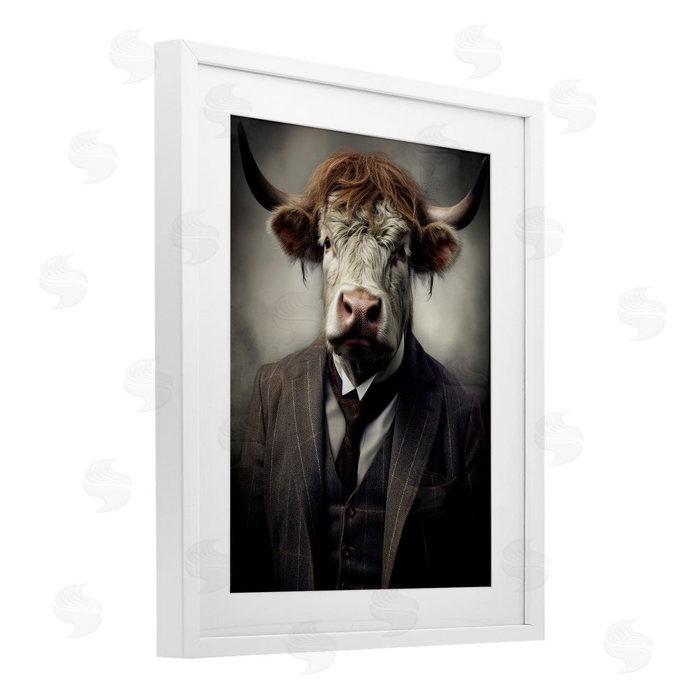 Ray Powers Sophisticated Bull Portrait White Framed Print Under Glass Wall Art