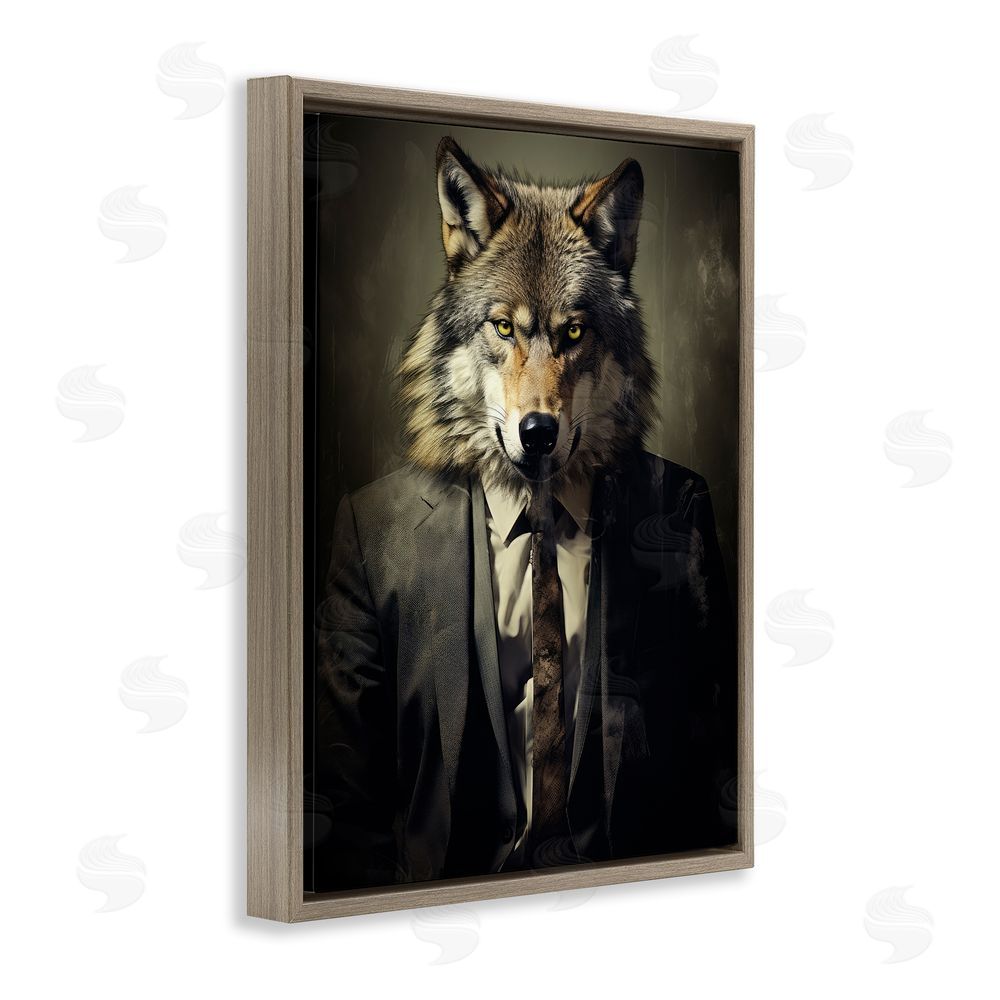 Ray Powers Fancy Wolf in Suit Brown Floating Frame Canvas Wall Art