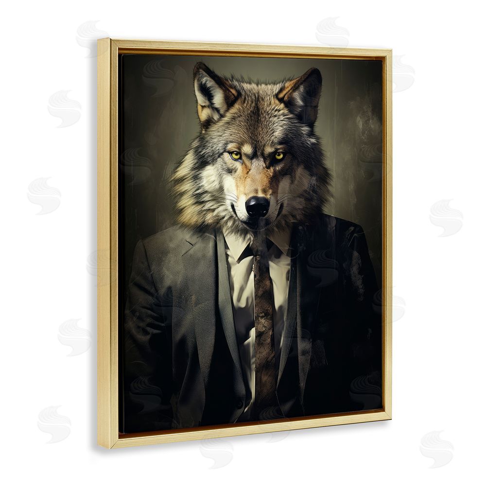 Ray Powers Fancy Wolf in Suit Gold Floating Frame Canvas Wall Art
