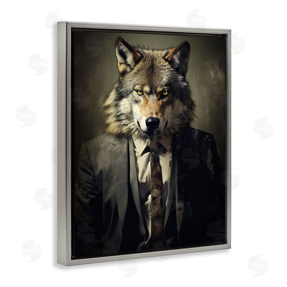 Ray Powers Fancy Wolf in Suit Gray Floating Frame Canvas Wall Art
