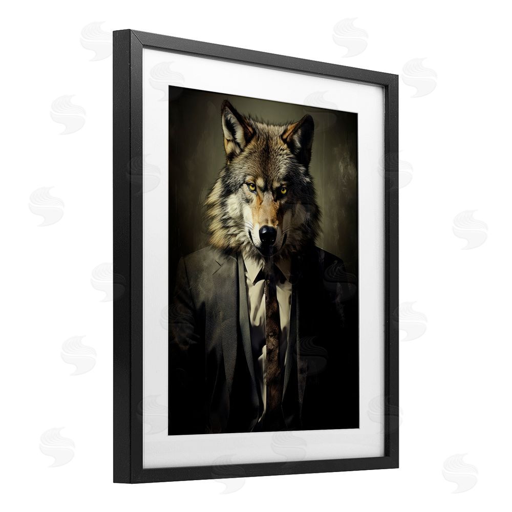Ray Powers Fancy Wolf in Suit Black Framed Print Under Glass with Mat Wall Art