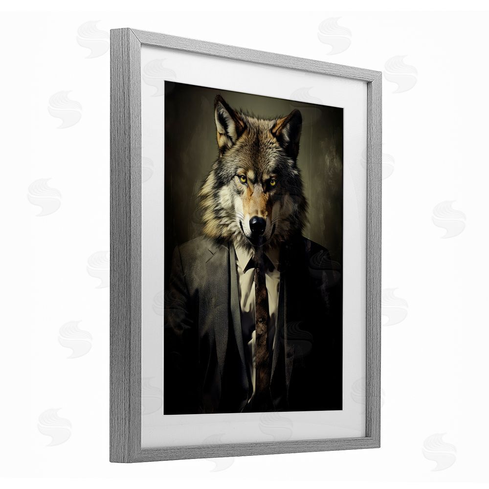 Ray Powers Fancy Wolf in Suit Gray Framed Print Under Glass with Mat Wall Art