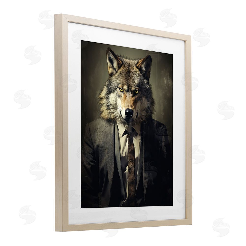 Ray Powers Fancy Wolf in Suit Brown Framed Print Under Glass with Mat Wall Art