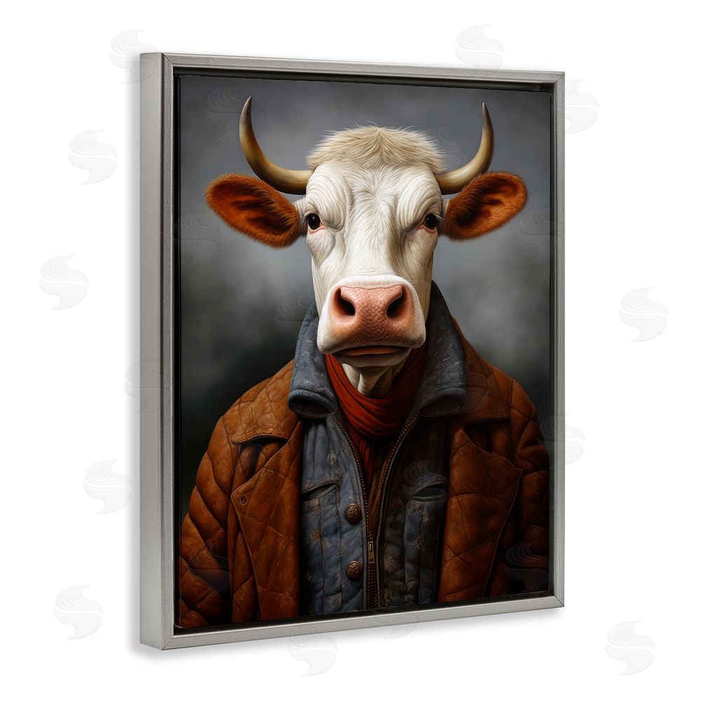 Ray Powers Chianina Style Cow Gray Floating Frame Canvas Wall Art Print