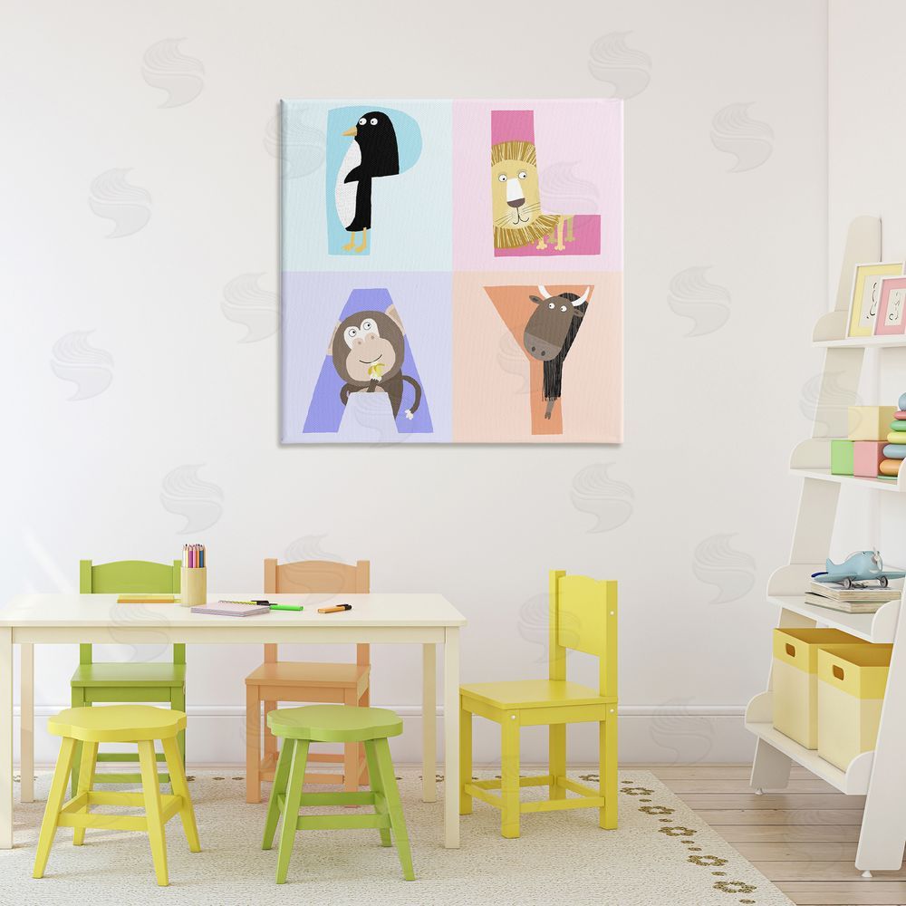 Carla Daly Play Letters Squares with Animals Stretched Canvas Wall Art Print in Room