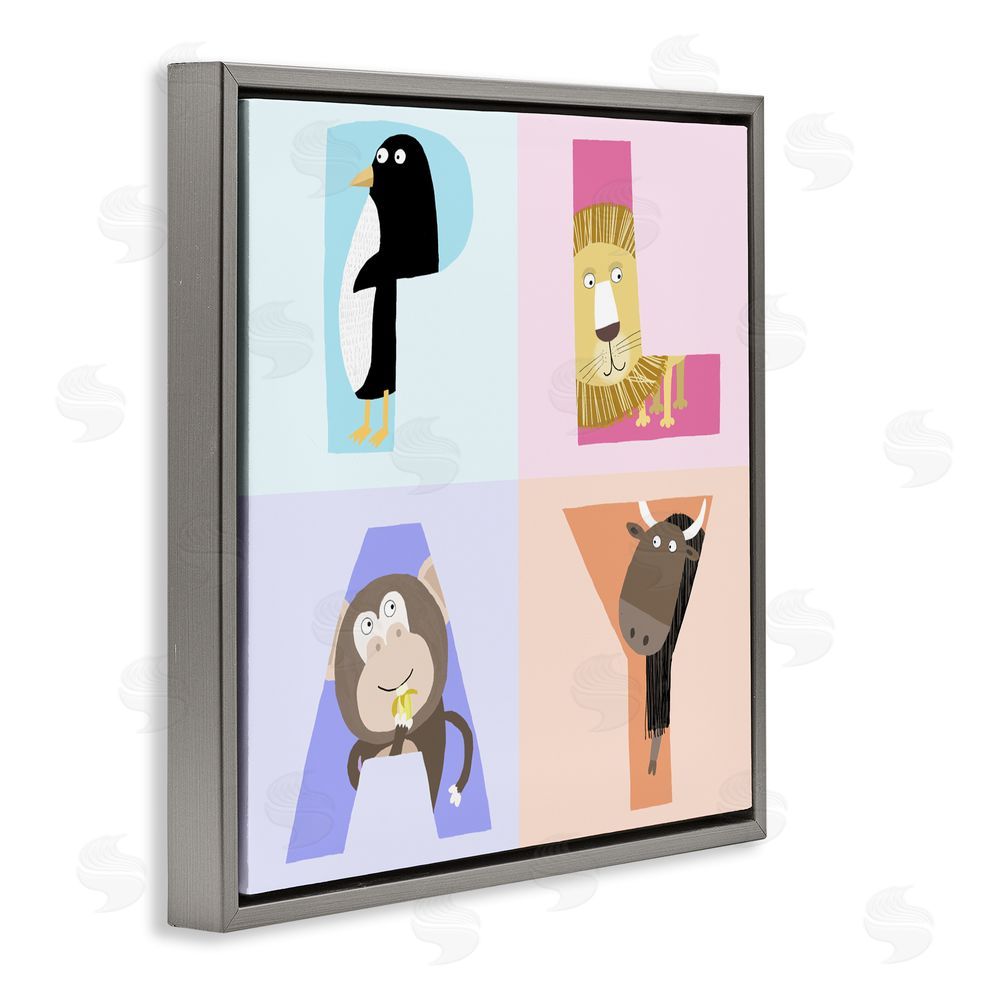 Carla Daly Play Letters Squares with Animals Gray Floating Frame Canvas Wall Art Print
