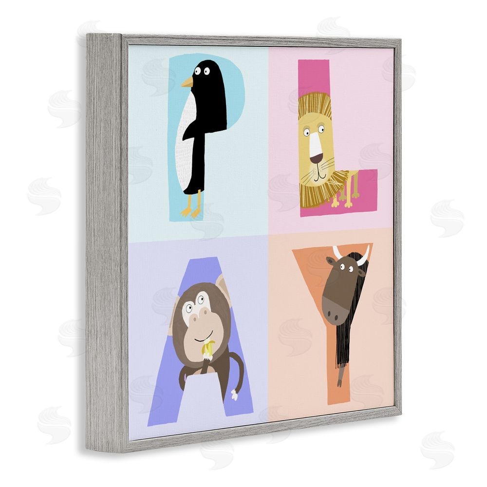 Carla Daly Play Letters Squares with Animals Gray Framed Giclee Wall Art Print