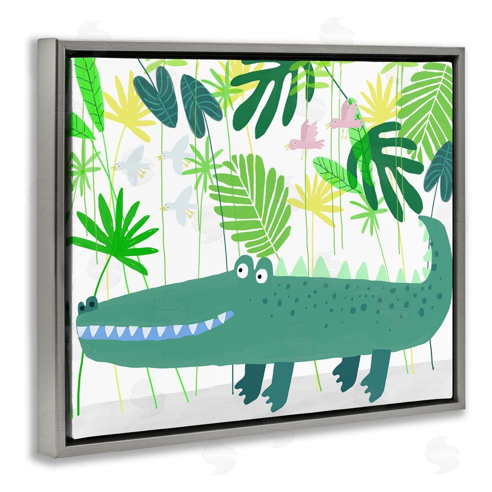 Carla Daly Crocodile Jungle & Leaves Gray Floating Frame Wall Art Print