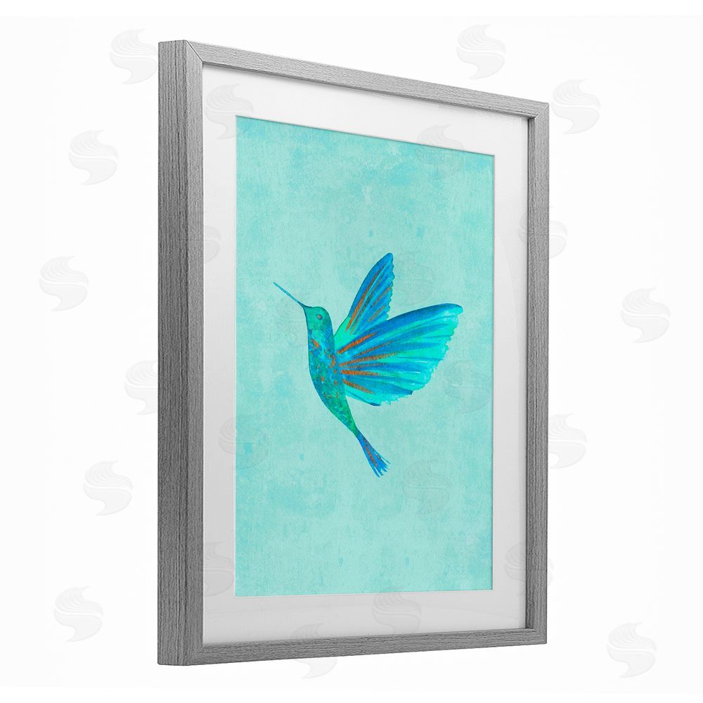 Camila Juncos Blue Hummingbird Simplicity Gray Framed Print Under Glass Art