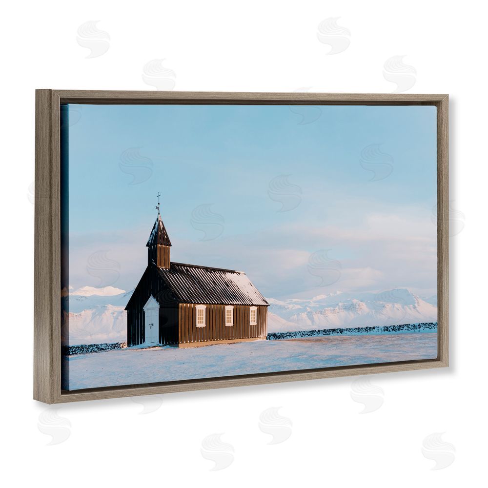 Jade Sharp Photo Church on Vast Snowscape Brown Floating Frame Canvas Art Print