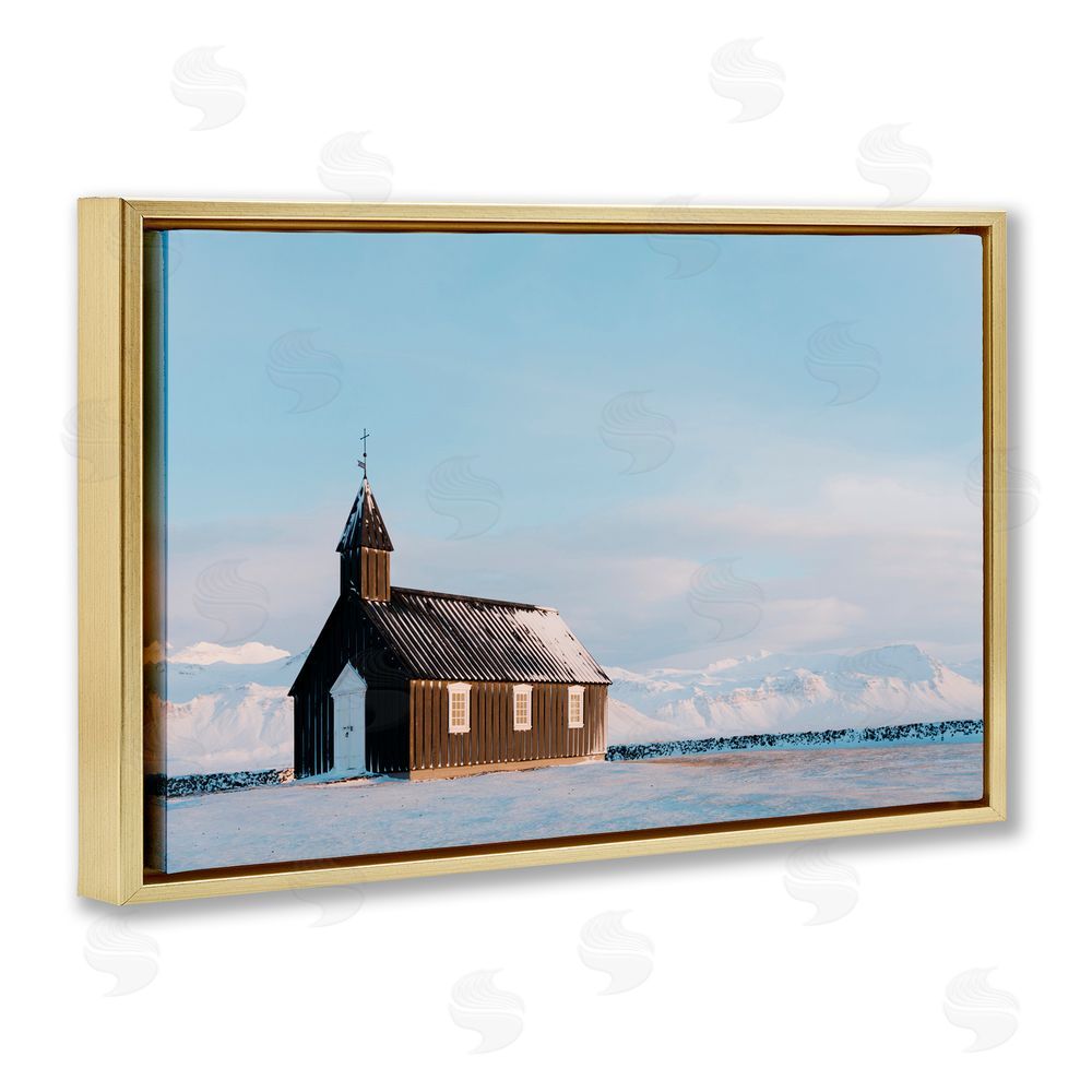Jade Sharp Photo Church on Vast Snowscape Gold Floating Frame Canvas Art Print