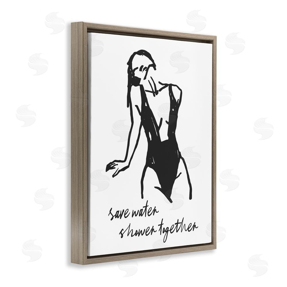 Lettered and Lined Save Water Shower Together Brown Floating Frame Canvas Wall Art Print