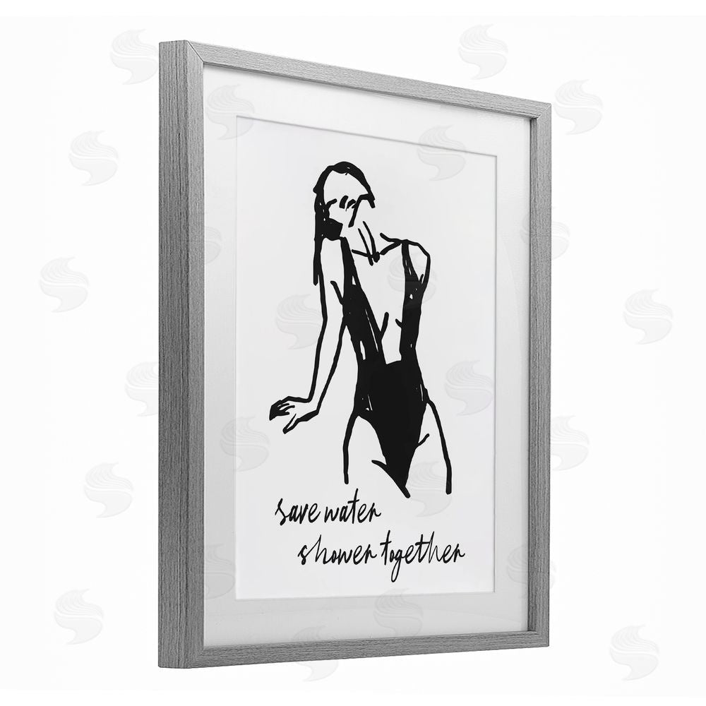 Lettered and Lined Save Water Shower Together Gray Framed Print Under Glass Wall Art