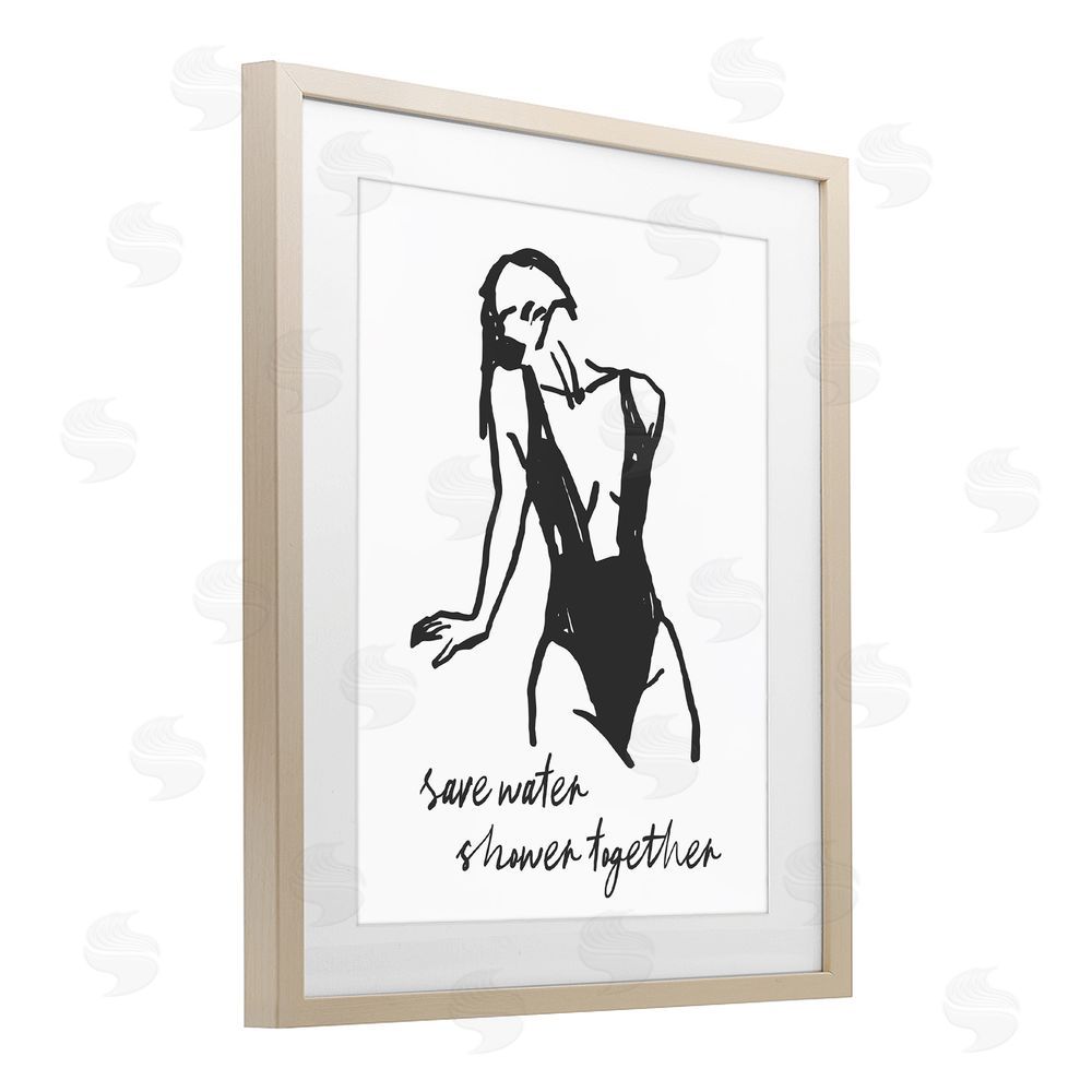 Lettered and Lined Save Water Shower Together Brown Framed Print Under Glass Wall Art