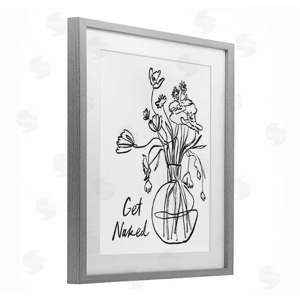 Lettered and Lined Get Naked Flower Contour Gray Framed Print Under Glass with Mat Wall Art