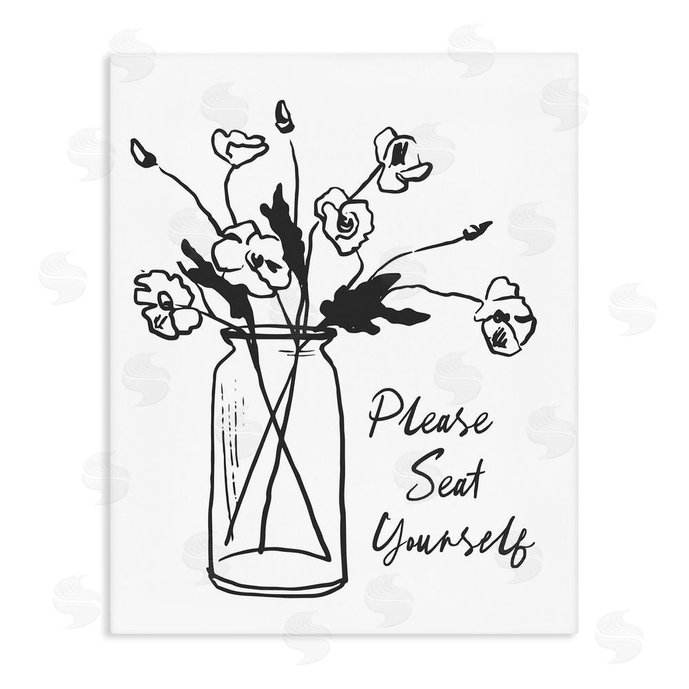 Lettered and Lined Seat Yourself Bathroom Flowers Stretched Canvas Wall Art Print