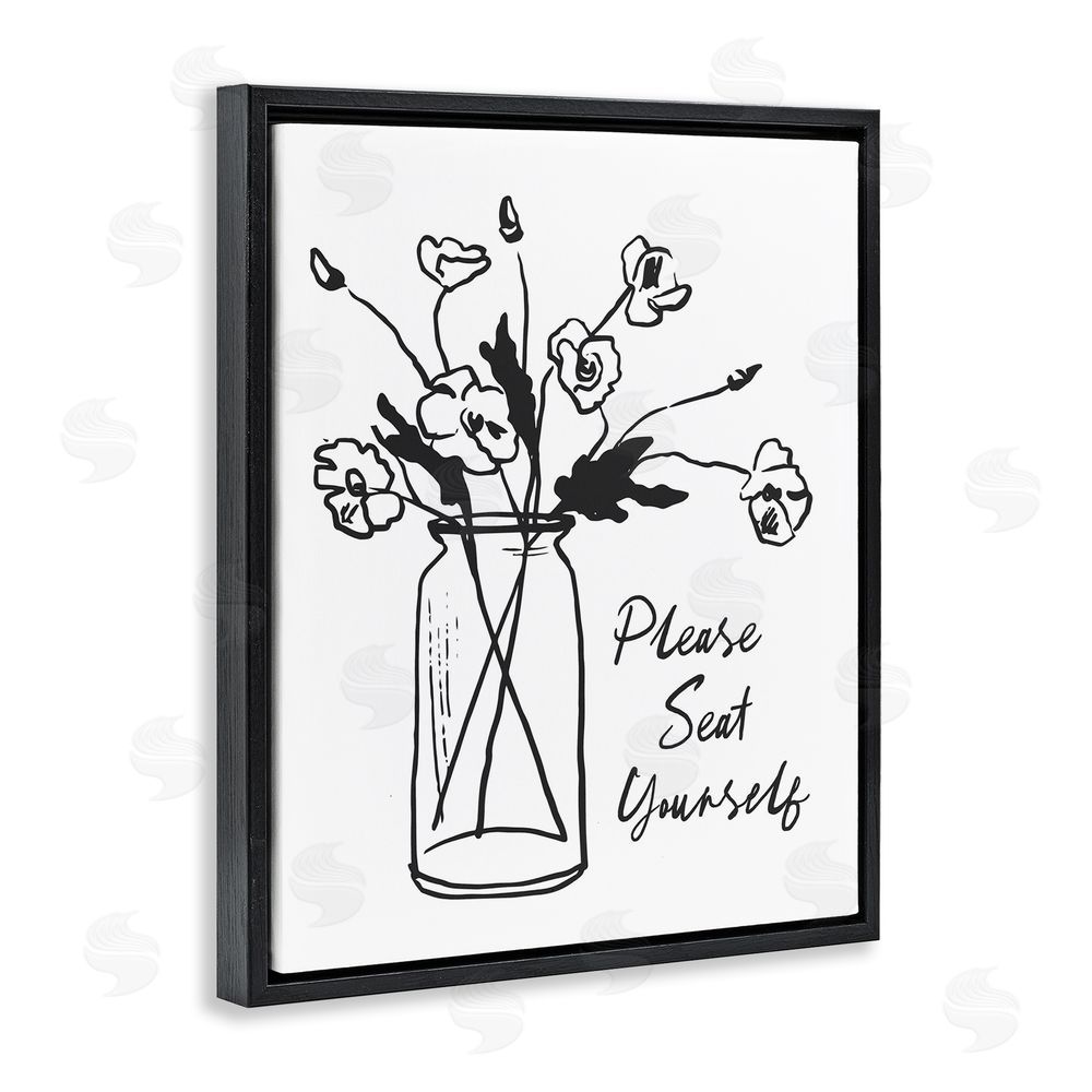 Lettered and Lined Seat Yourself Bathroom Flowers Black Floating Frame Canvas Wall Art Print