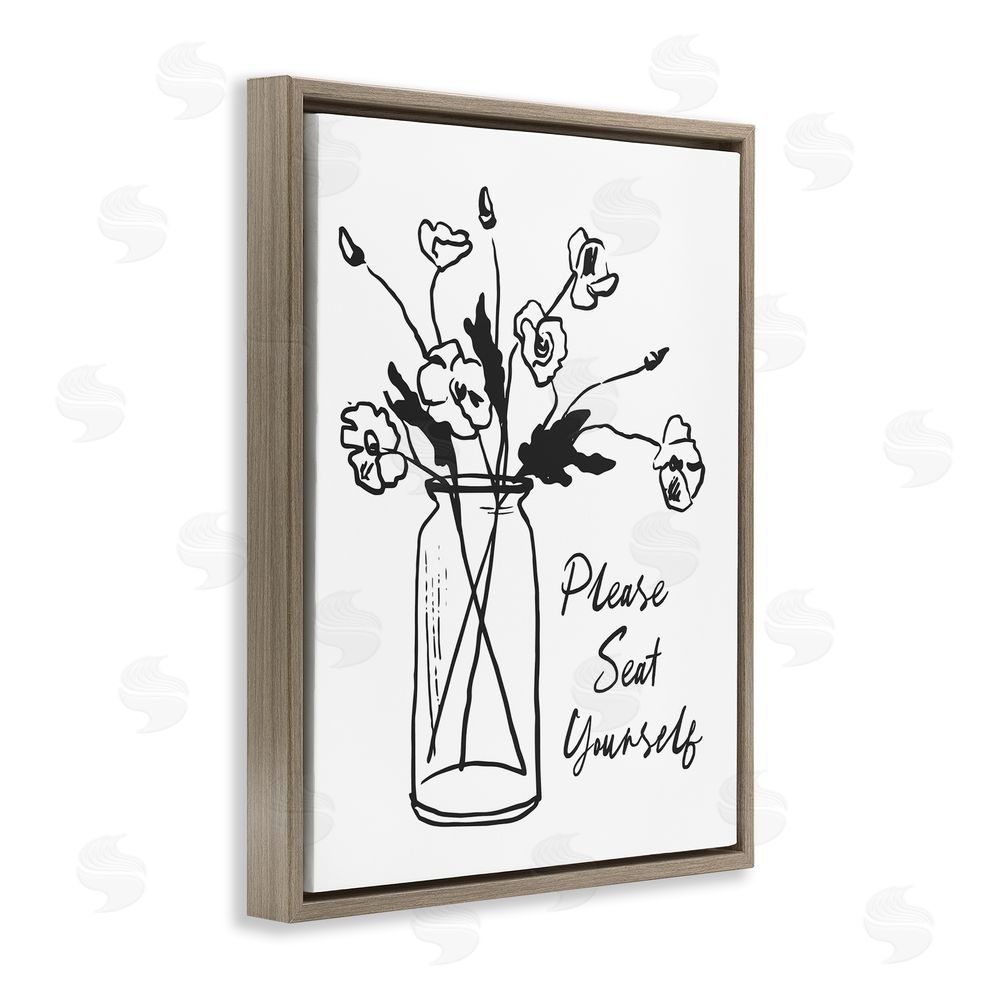 Lettered and Lined Seat Yourself Bathroom Flowers Brown Floating Frame Canvas Wall Art Print