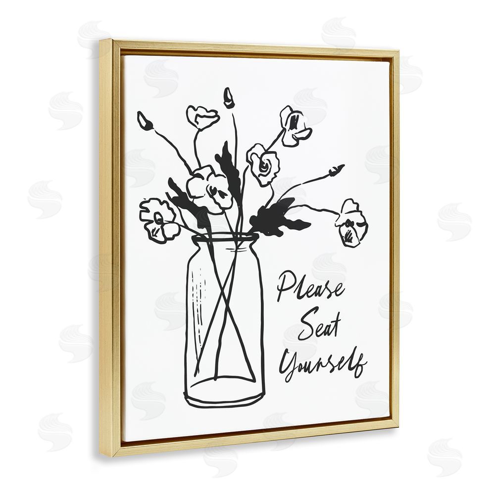 Lettered and Lined Seat Yourself Bathroom Flowers Gold Floating Frame Canvas Wall Art Print