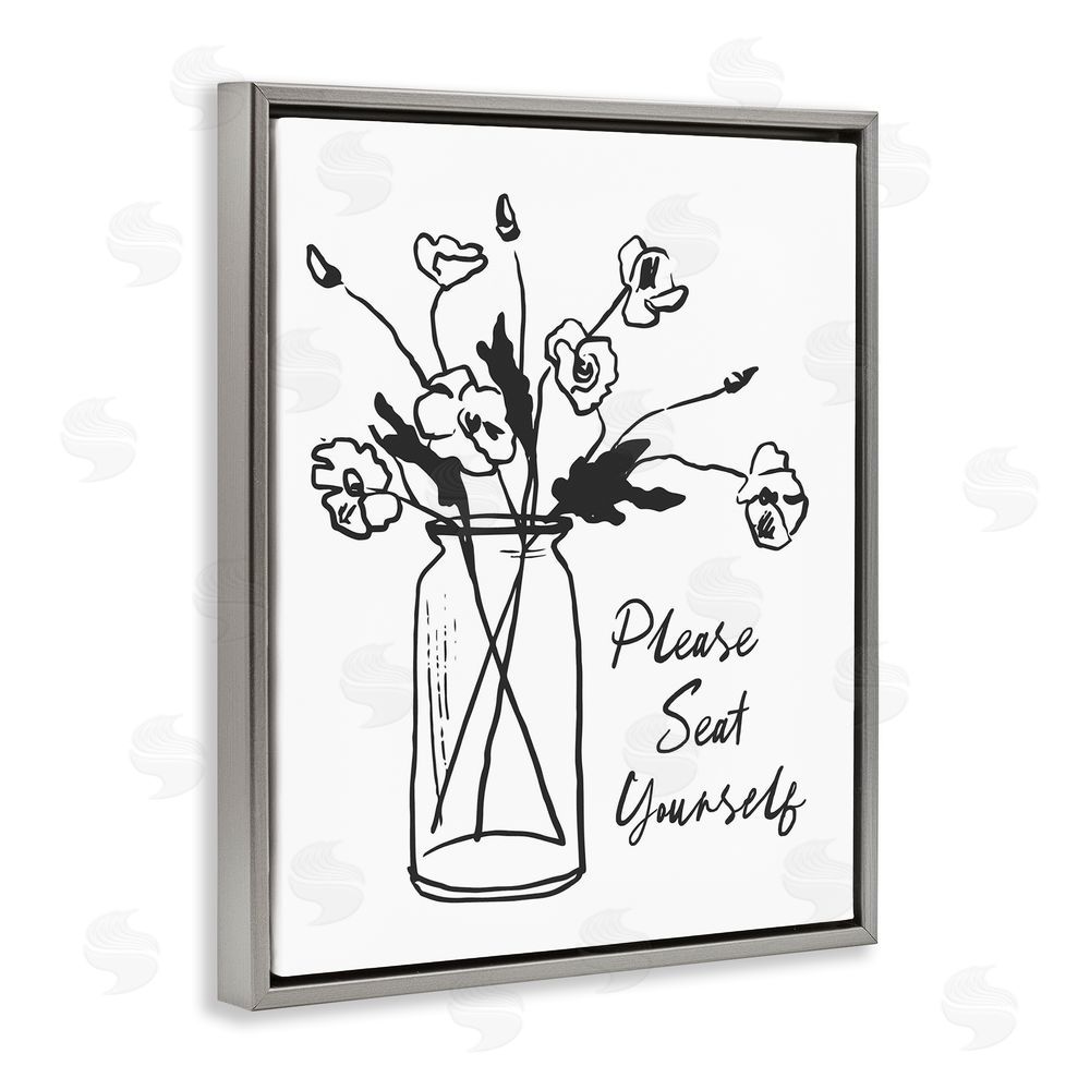 Lettered and Lined Seat Yourself Bathroom Flowers Gray Floating Frame Canvas Wall Art Print