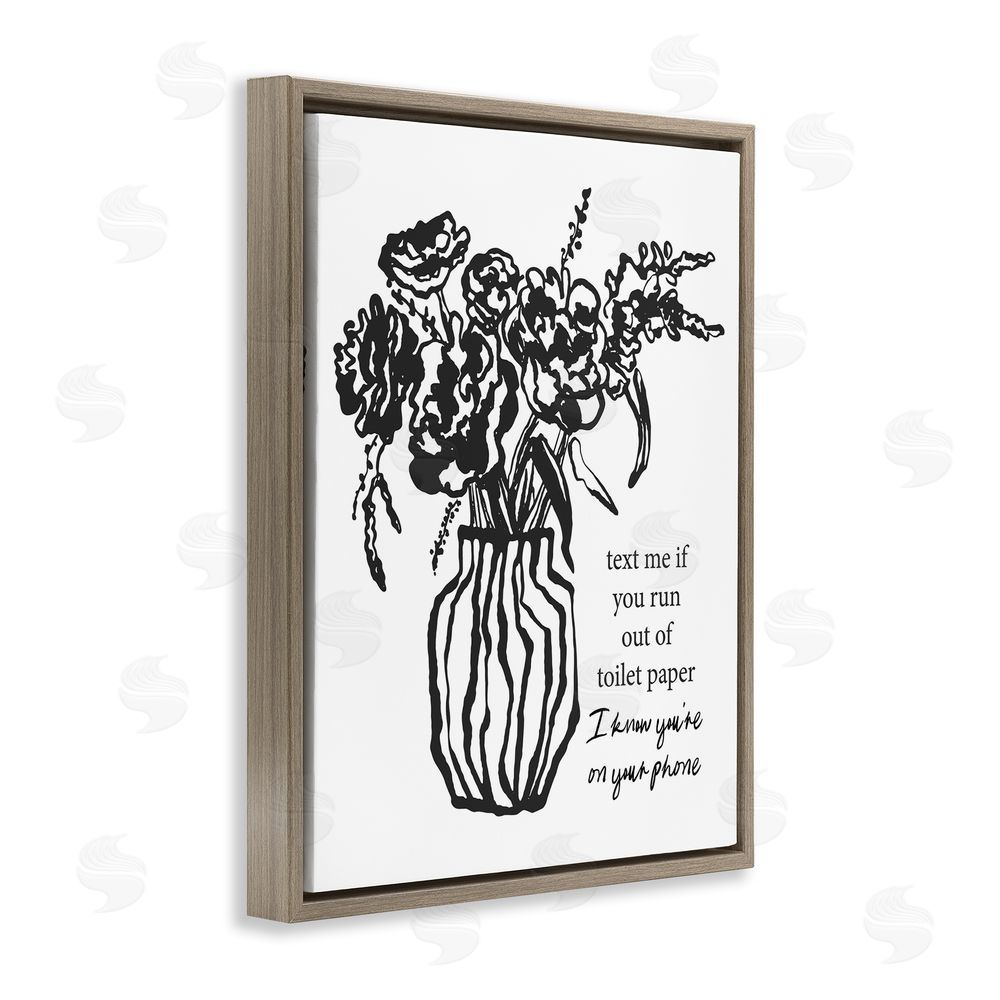Lettered and Lined Text Me Bathroom Florals Brown Floating Frame Canvas Wall Art Print