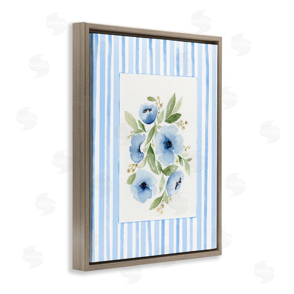 Leah Noel Art Flowers With Stripe Border Brown Floating Frame Canvas Wall Art