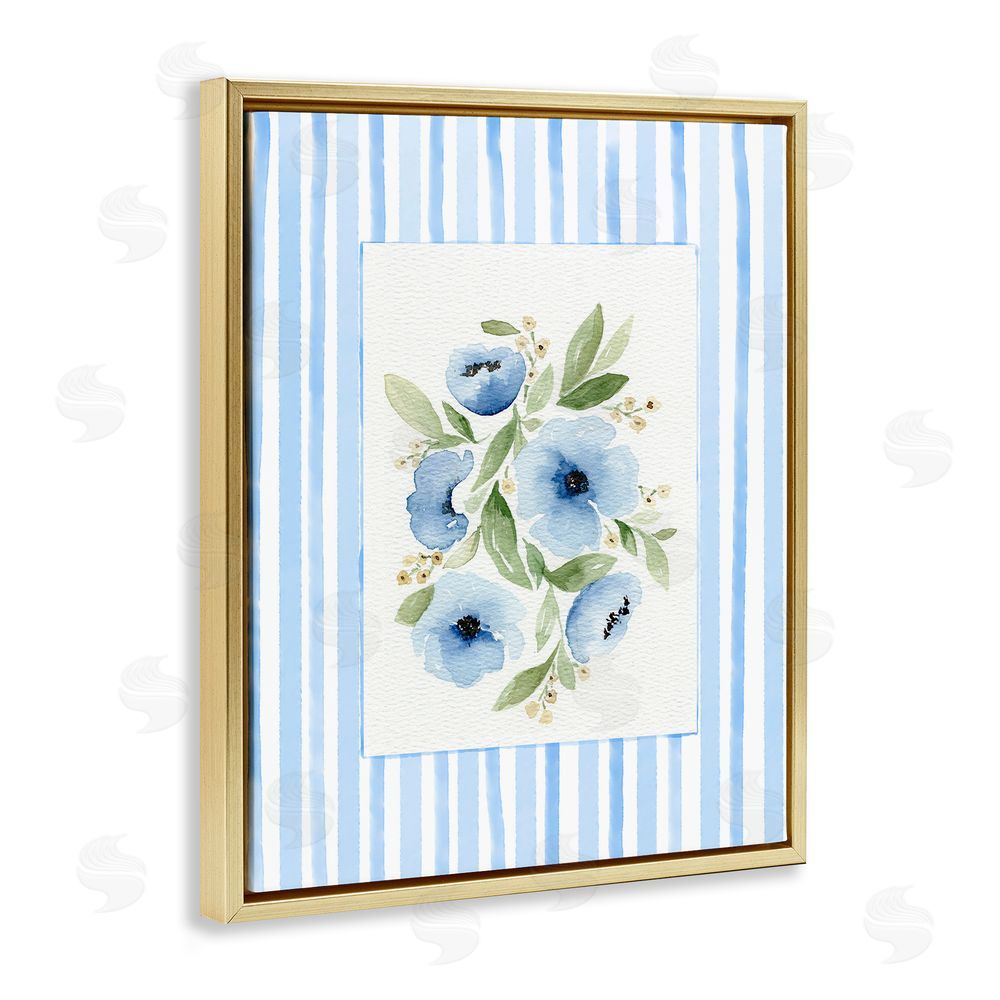 Leah Noel Art Flowers With Stripe Border Gold Floating Frame Canvas Wall Art