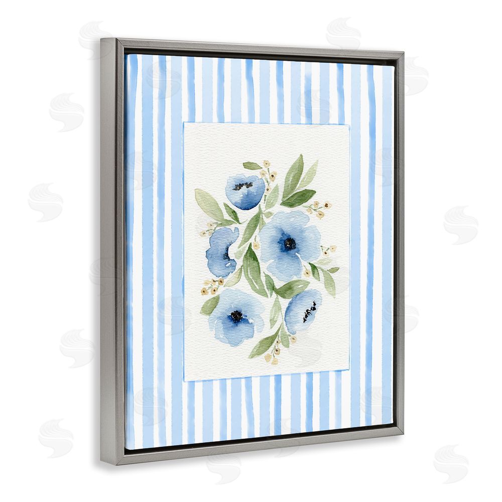 Leah Noel Art Flowers With Stripe Border Gray Floating Frame Canvas Wall Art