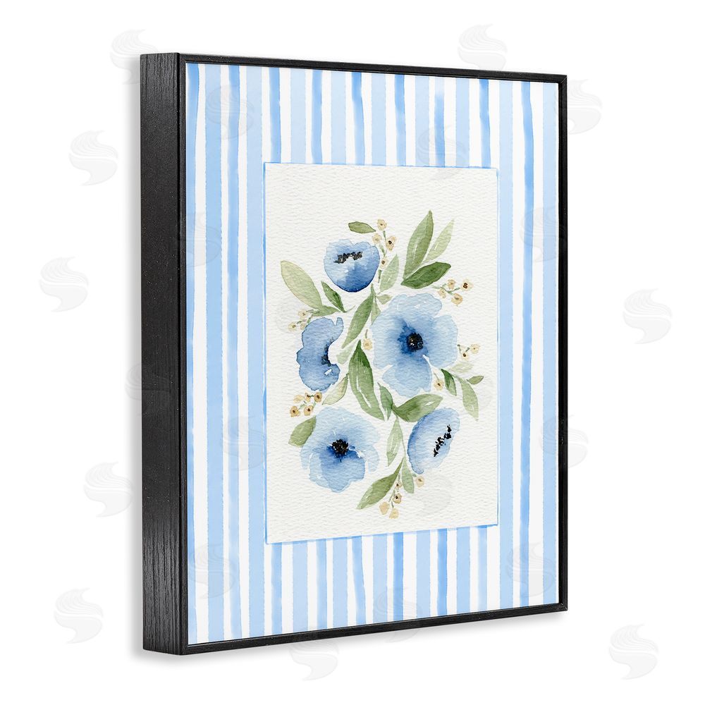 Leah Noel Art Flowers With Stripe Border Blacked Framed Giclee Wall Art Print