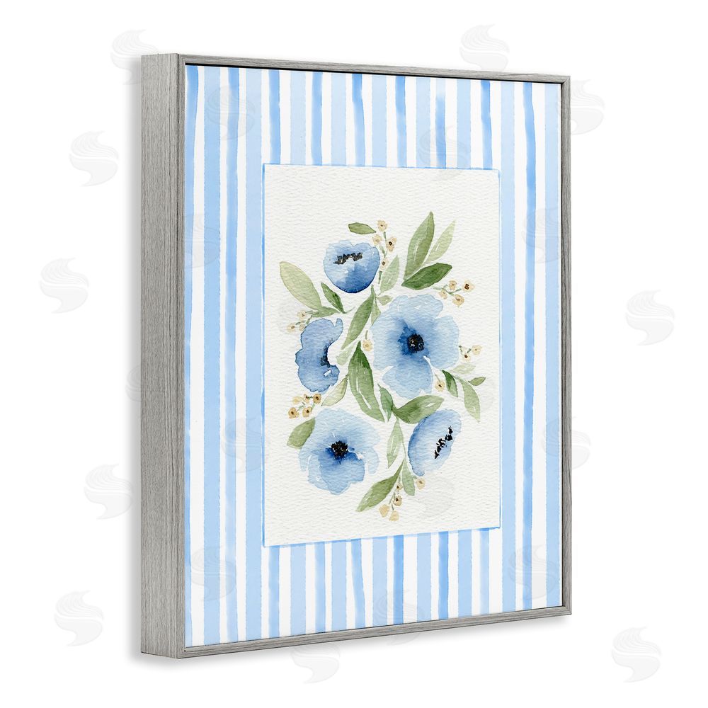 Leah Noel Art Flowers With Stripe Border Gray Framed Giclee Wall Art Print
