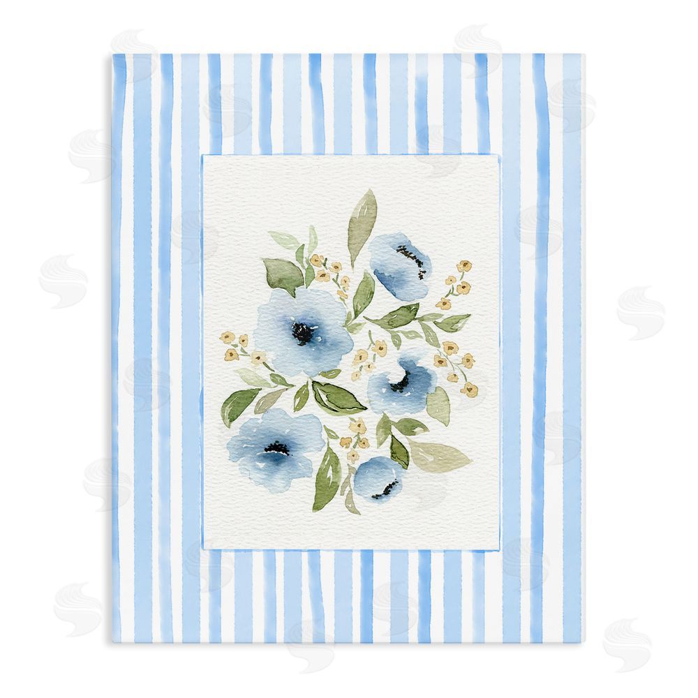 Leah Noel Art Flowers with Blue Stripes Stretched Canvas Wall Art