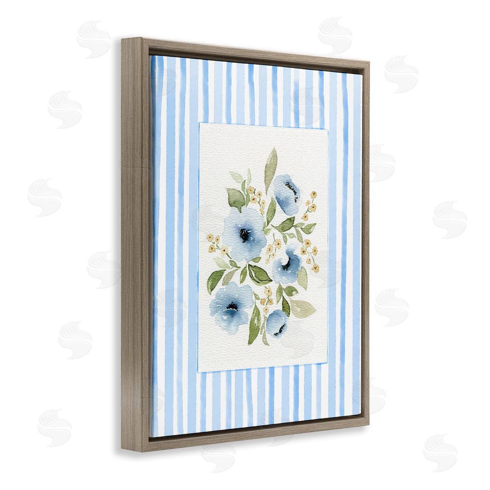 Leah Noel Art Flowers with Blue Stripes Brown Floating Frame Canvas Wall Art