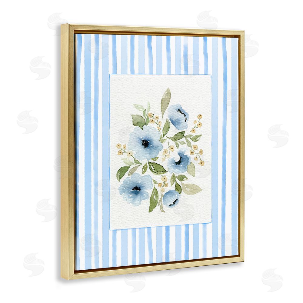 Leah Noel Art Flowers with Blue Stripes Gold Floating Frame Canvas Wall Art