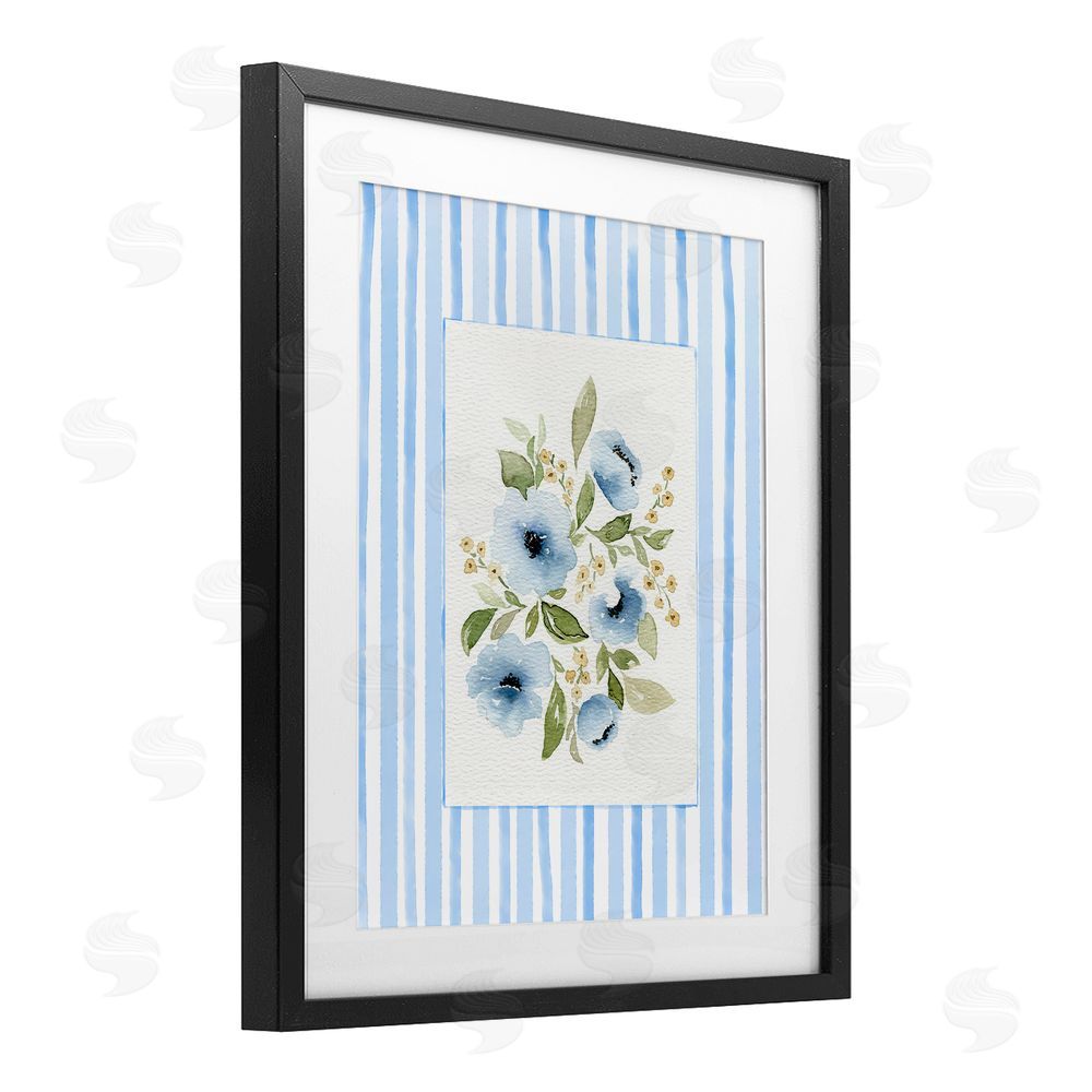 Leah Noel Art Flowers with Blue Stripes Black Framed Print Under Glass with Mat Wall Art