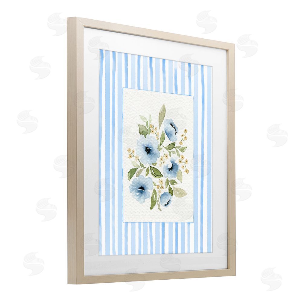 Leah Noel Art Flowers with Blue Stripes Brown Framed Print Under Glass with Mat Wall Art