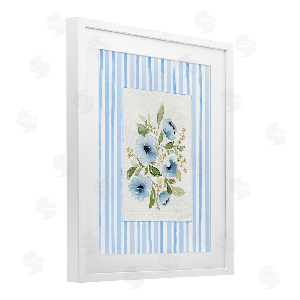 Leah Noel Art Flowers with Blue Stripes White Framed Print Under Glass with Mat Wall Art
