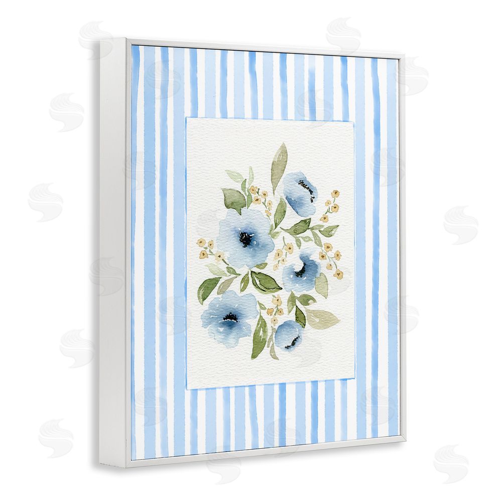 Leah Noel Art Flowers with Blue Stripes White Framed Giclee Wall Art Print