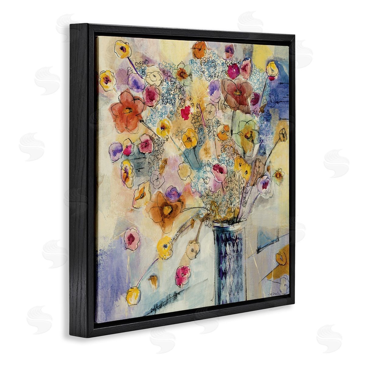 Chaotic Flowers Line Drawing Black Floating Frame Canvas Wall Art, Home Decor by Third and Wall