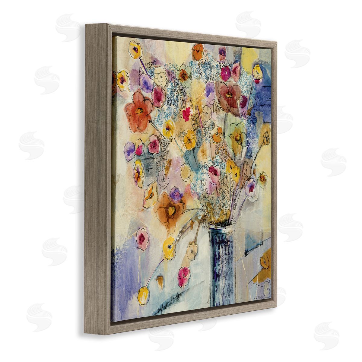 Chaotic Flowers Line Drawing Brown Floating Frame Canvas Wall Art, Home Decor by Third and Wall