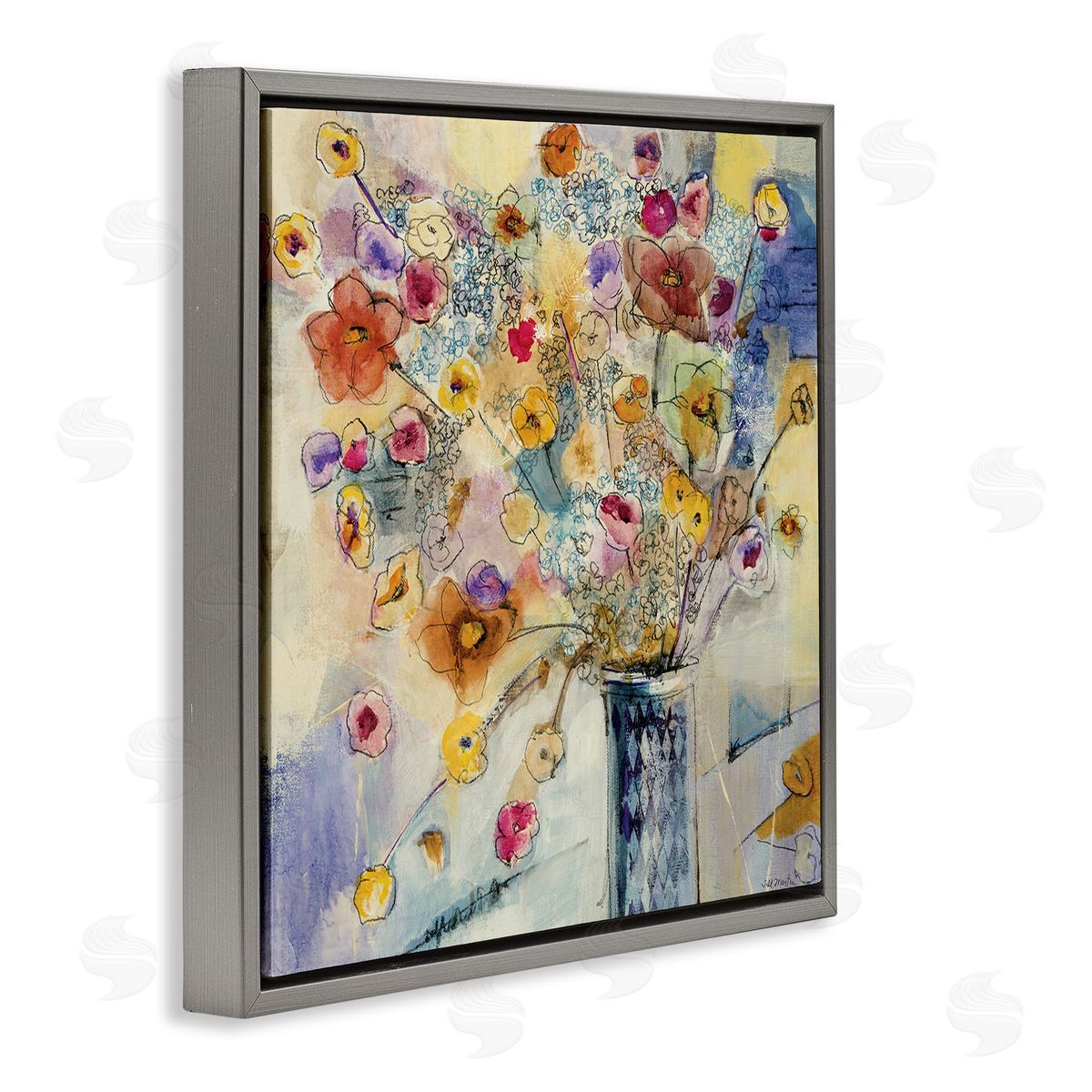 Chaotic Flowers Line Drawing Grey Floating Frame Canvas Wall Art, Home Decor by Third and Wall