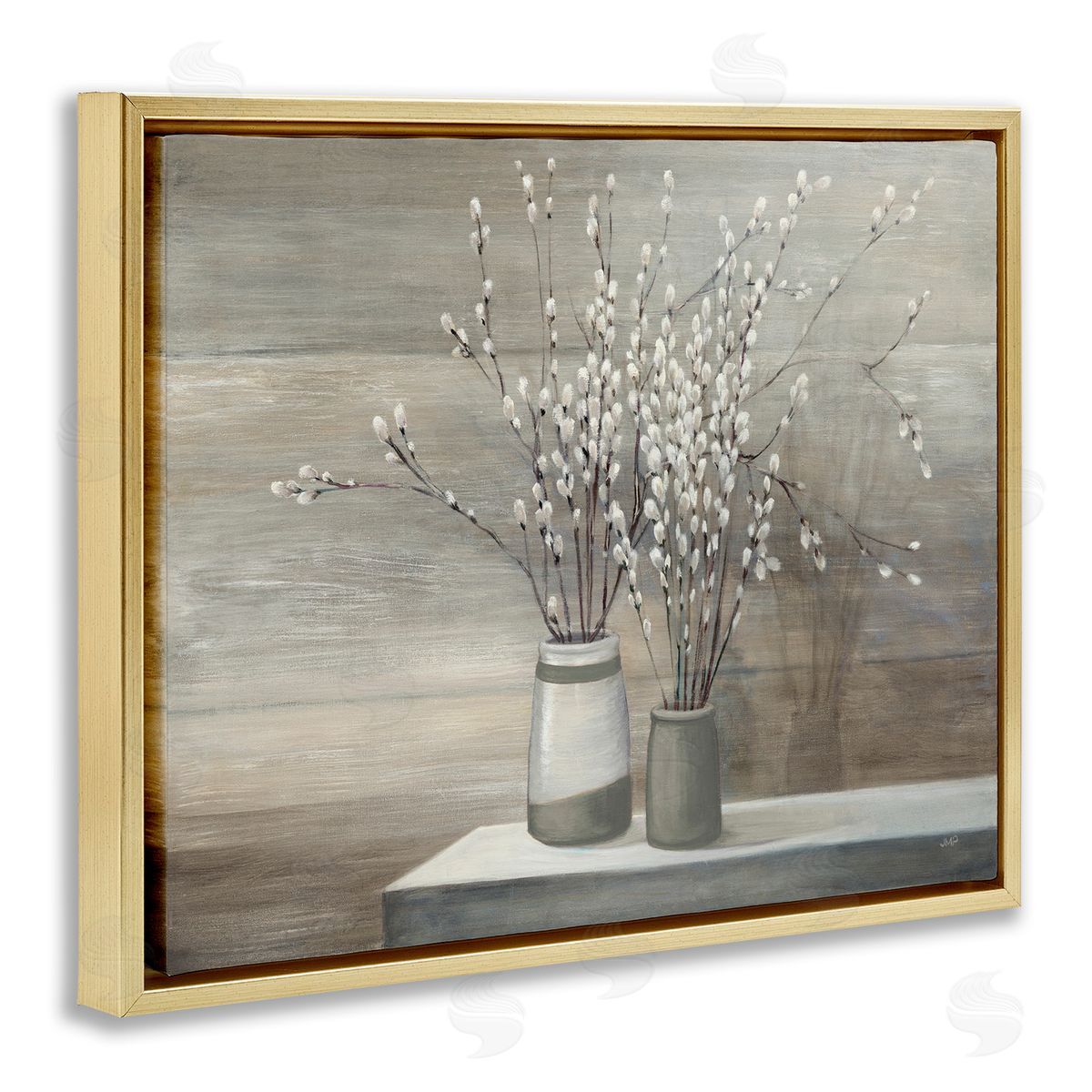 Pussy Willow Still Life Gold Floating Frame Canvas Wall Art, Home Decor by Wild Apple