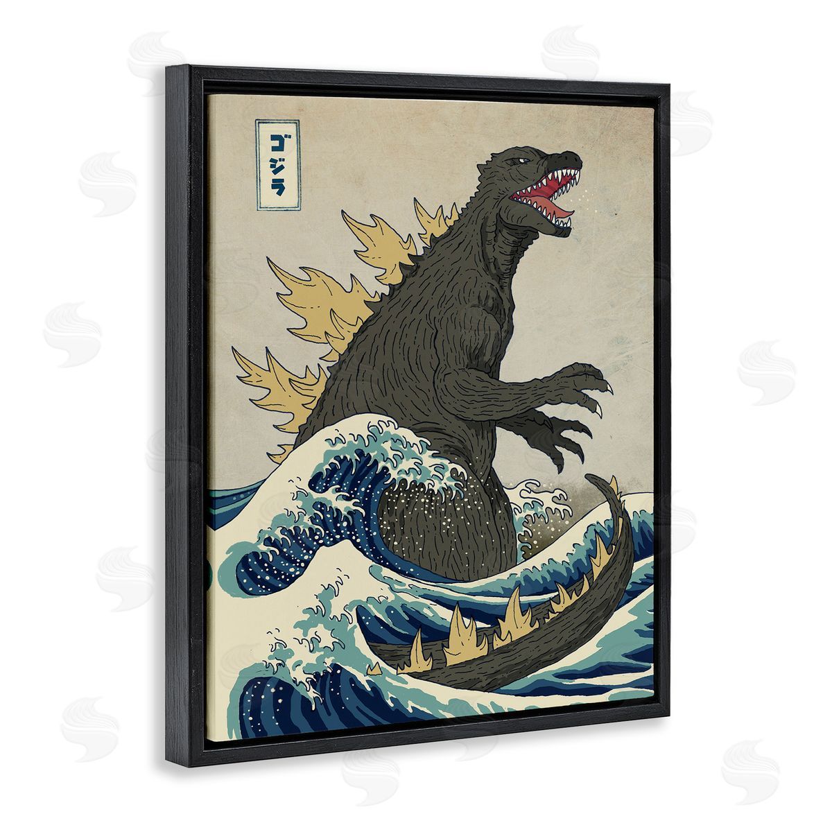 Nautical Godzilla Eastern Style Illustration Black Floating Frame Canvas Wall Art, Home Decor by Michael Buxton